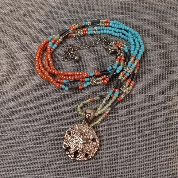 Multi Color Seed Bead Sand Dollar Pendant Necklace 18" Long - Picture 3 of 8